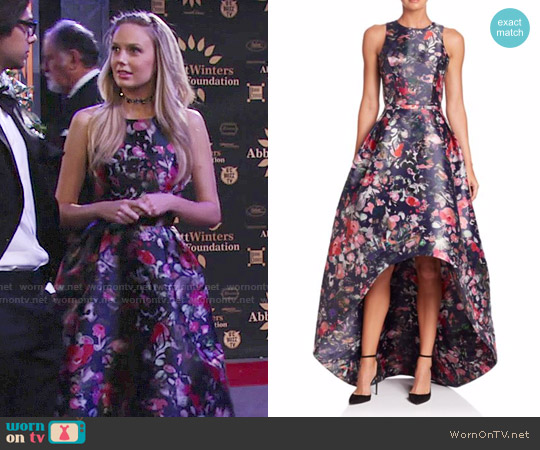 ML Monique Lhuillier Floral Printed Mikado High-Low Gown worn by Abby Newman (Melissa Ordway) on The Young and the Restless
