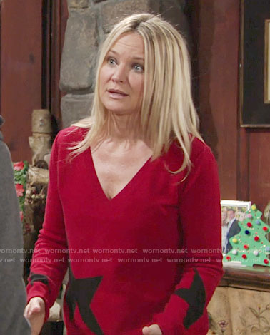 Sharon’s red star print sweater on The Young and the Restless