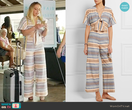 Solid and Striped The Tie cutout striped basketweave cotton jumpsuit worn by Kelsey Peters (Hilary Duff) on Younger