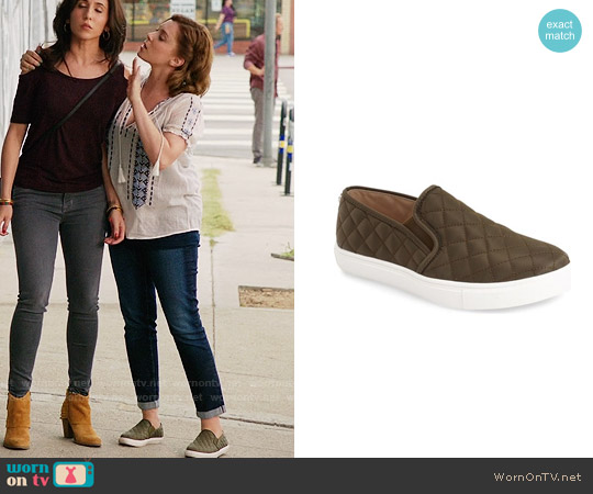 Steve Madden Ecntrcqt Sneaker in Olive worn by Rebecca Bunch (Rachel Bloom) on Crazy Ex-Girlfriend