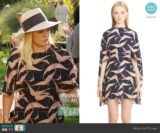 Valentino Bird Print Silk Cape Sheath Dress worn by Kelsey Peters (Hilary Duff) on Younger
