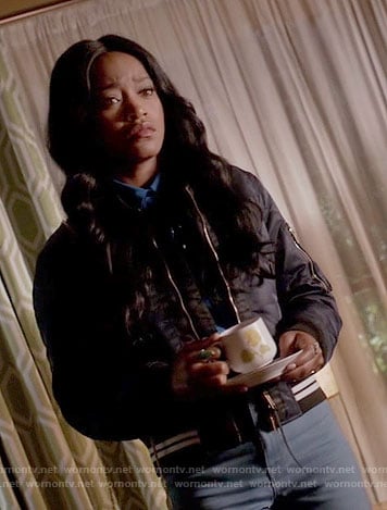 Zayday’s blue bird print shirt and navy quilted bomber jacket on Scream Queens