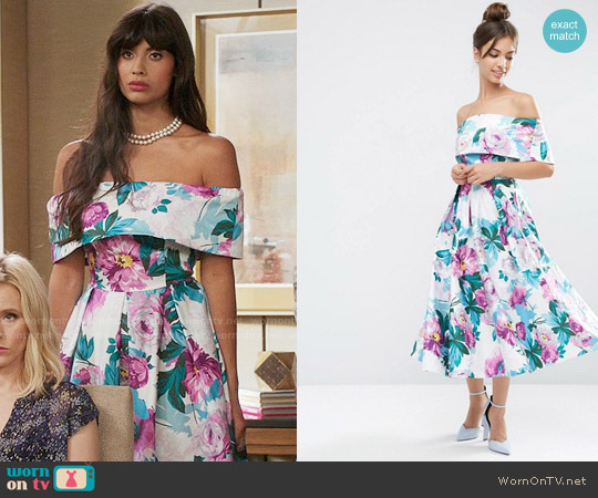 ASOS Off The Shoulder Midi Prom Dress In Bright Purple Floral worn by Tahani Al-Jamil (Jameela Jamil) on The Good Place