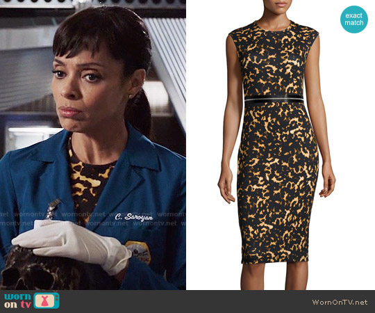 Alexander McQueen Printed Bodycon Zip Dress worn by Camille Saroyan (Tamara Taylor) on Bones