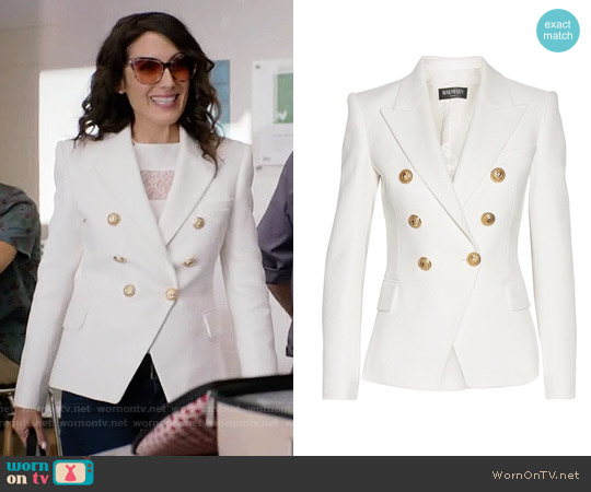 Balmain Double-breasted basketweave cotton blazer worn by Abby McCarthy (Lisa Edelstein) on Girlfriends Guide to Divorce