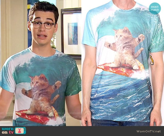 Goodie Pizza Surfing Cat T Shirt worn by Joey Rooney (Joey Bragg) on Liv and Maddie