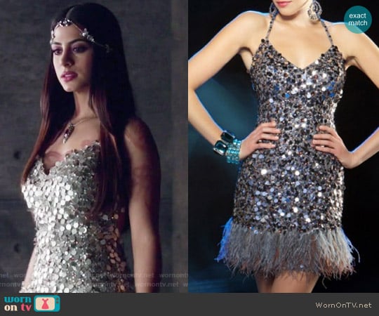 Mac Duggal Evening Sequin Cocktail Dress with Feathers worn by Isabelle Lightwood (Emeraude Toubia ) on Shadowhunters