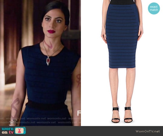 Ted Baker Blue Sashaey Ottoman Knit Midi Skirt worn by Isabelle Lightwood (Emeraude Toubia ) on Shadowhunters