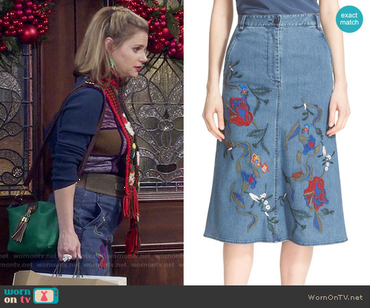 Tibi Marisol Embroidered Denim Skirt worn by Kimmy Gibbler (Andrea Barber) on Fuller House