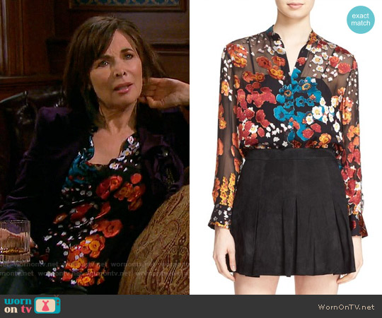 Alice + Olivia Belle Floral Print Sheer Oversize Tunic worn by Kate Roberts (Lauren Koslow) on Days of our Lives