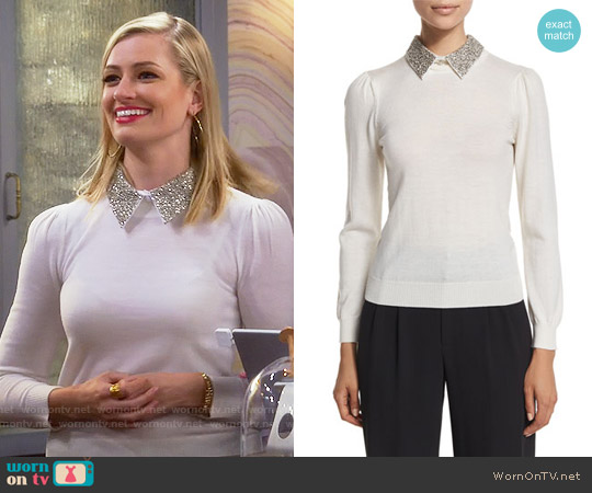 Alice + Olivia Era Embellished Collar Sweater worn by Caroline Channing (Beth Behrs) on 2 Broke Girls