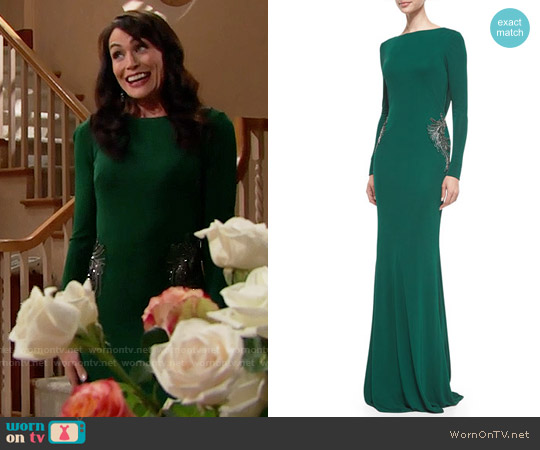 Badgley Mischka Long-Sleeve Draped-Back Beaded Gown worn by Quinn Fuller (Rena Sofer) on The Bold and the Beautiful
