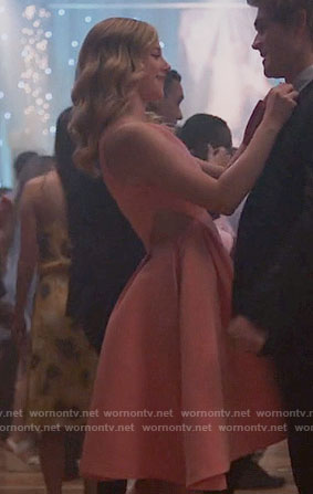 Betty’s pink fit and flare dress with cutout sides on Riverdale