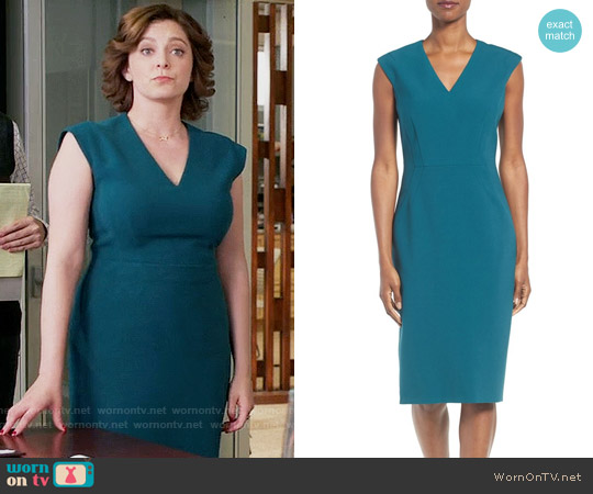 BOSS Dalana Dress in Dark Emerald worn by Rebecca Bunch (Rachel Bloom) on Crazy Ex-Girlfriend