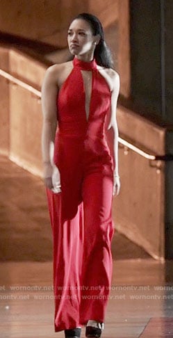 Iris’s red cutout jumpsuit on The Flash