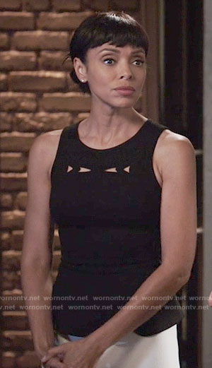 Camille’s black top with cutouts on Bones