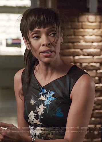 Camille’s black floral sheath dress on Bones