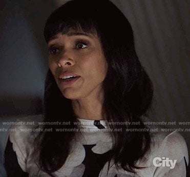 Camille’s black and white floral sweater on Bones