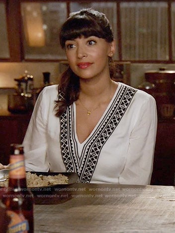 Cece’s white v-neck embroidered dress on New Girl