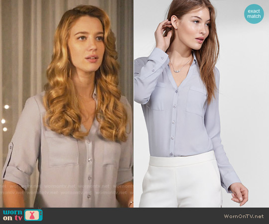 Express Slim Fit Convertible Sleeve Portofino Shirt in Pale Grey worn by Petra Solano (Yael Grobglas) on Jane the Virgin