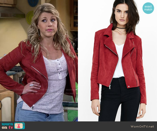 Express Faux Suede Moto Jacket worn by Stephanie Tanner (Jodie Sweetin) on Fuller House