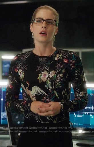 Felicity’s black floral and bird print top on Arrow