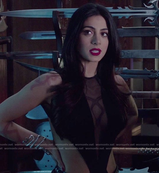 Isabelle’s black mesh panel swimsuit on Shadowhunters