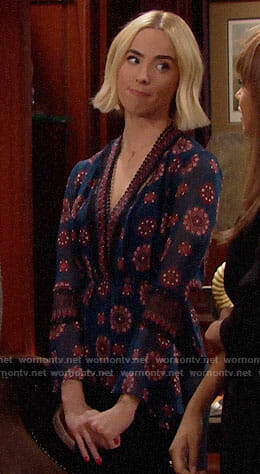 Ivy’s teal blue printed top with long sleeves on The Bold and the Beautiful
