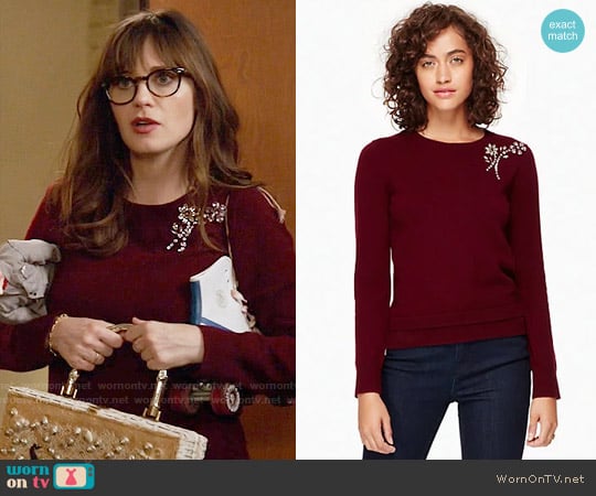 Kate Spade Embellished Brooch Sweater in Midnight Wine worn by Jessica Day (Zooey Deschanel) on New Girl