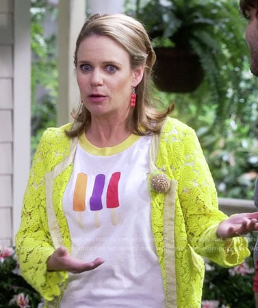 Kimmy’s popsicle tee and yellow lace jacket on Fuller House