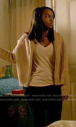 Michaela’s beige ribbed cardigan on How to Get Away with Murder