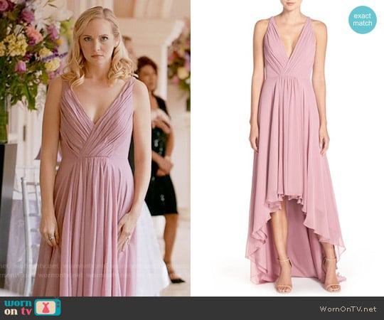 Monique Lhuillier Deep V-Neck Chiffon High/Low Gown in Cerise worn by Caroline Forbes (Candice Accola) on The Vampire Diaries