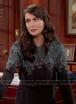 Quinn’s black and blue printed long sleeve top on The Bold and the Beautiful