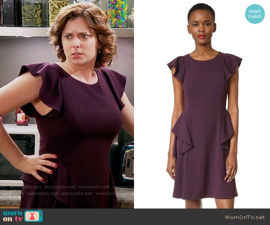 Rebecca Taylor Short Sleeve Ruffle Dress in Vamp worn by Rebecca Bunch (Rachel Bloom) on Crazy Ex-Girlfriend