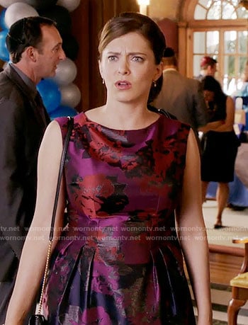 Rebecca’s purple printed jacquard dress on Crazy Ex-Girlfriend