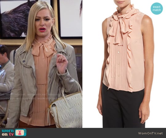 Sleeveless Pintucked & Ruffled Tie-Neck Silk Blouse by worn by Caroline Channing (Beth Behrs) on 2 Broke Girls