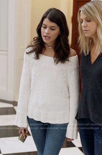 Sabrina’s white off-shoulder sweater on The Mick