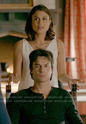 Sybil’s white v-neck top with strappy back on The Vampire Diaries