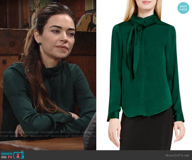 Vince Camuto Side Neck Scarf Blouse in Forest Night worn by Victoria Newman (Amelia Heinle) on The Young and the Restless