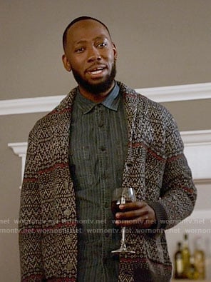 Winston’s navy patterned cardigan on New Girl