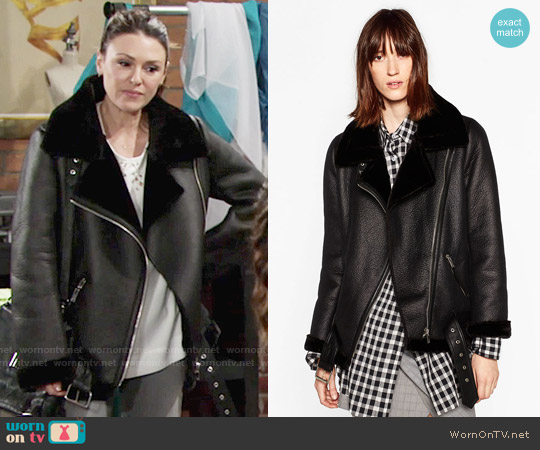 Zara Faux Fur Collar Biker Jacket worn by Chloe Mitchell (Elizabeth Hendrickson) on The Young and the Restless