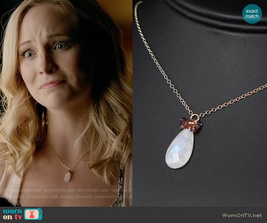 AdmirableJewels Garnet and Rainbow Moonstone Necklace worn by Caroline Forbes (Candice Accola) on The Vampire Diaries