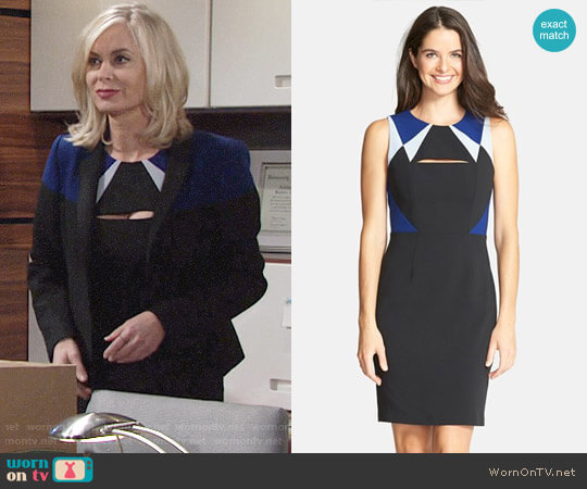 Bcbgmaxazria Karin Cutout Colorblock Crepe Sheath Dress worn by Ashley Abbott (Eileen Davidson) on The Young and the Restless