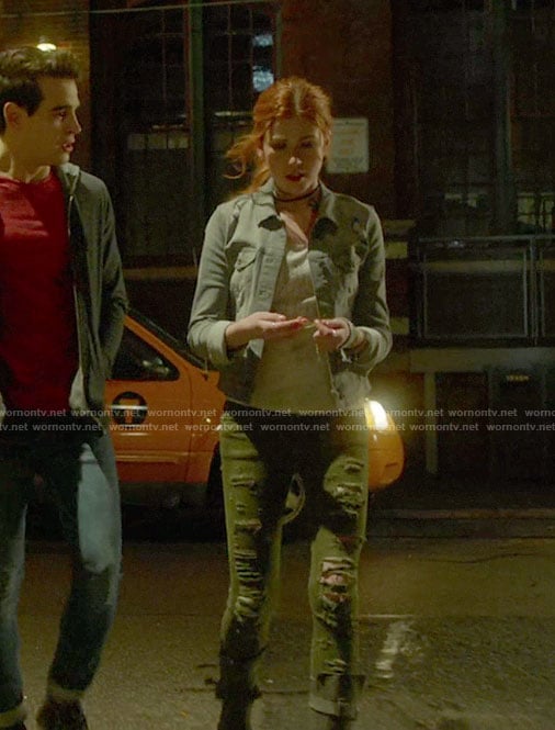 Clary’s grey denim jacket and khaki green frayed jeans on Shadowhunters