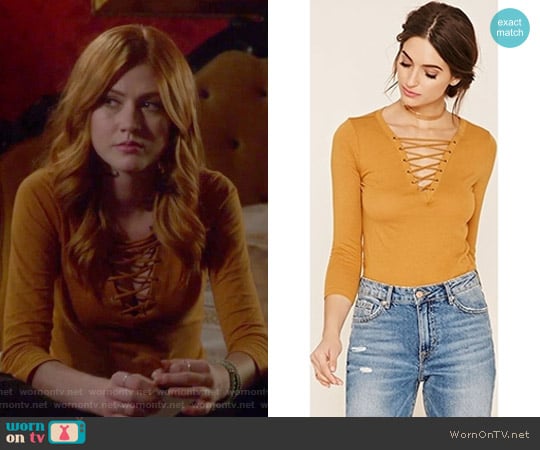 Forever 21 Contemporary Lace-up V-neck Top worn by Clary Fray (Katherine McNamara) on Shadowhunters