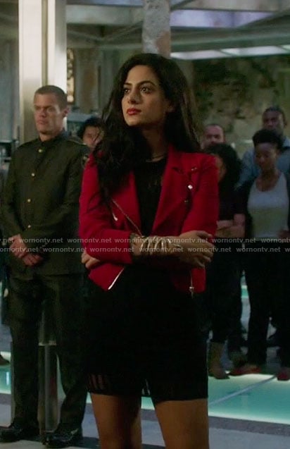 Isabelle’s red moto jacket and black mesh dress on Shadowhunters