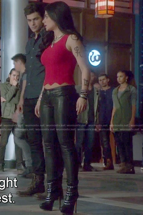Isabelle’s red scallop top and leather skinny pants on Shadowhunters