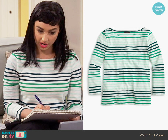 J.Crew Striped Boatneck T-shirt in Marine Jade Mint worn by Mandy Baxter (Molly Ephraim) on Last Man Standing