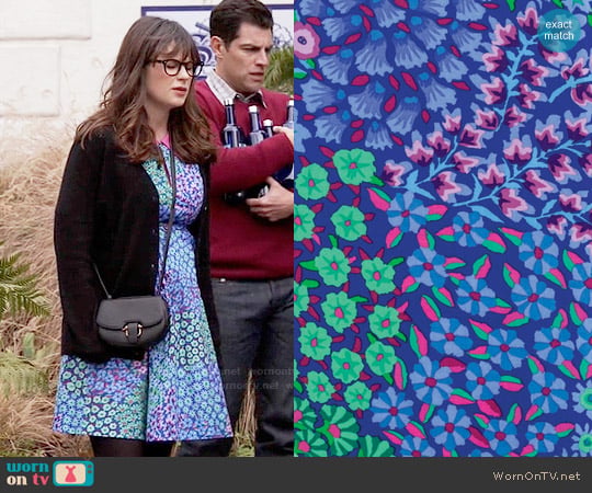 Portsmouth Fabric Co Custom Made with Persian Garden Blue Fabric worn by Jessica Day (Zooey Deschanel) on New Girl