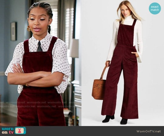 Xhilaration Rich wine corduroy overalls worn by Zoey Johnson (Yara Shahidi) on Black-ish